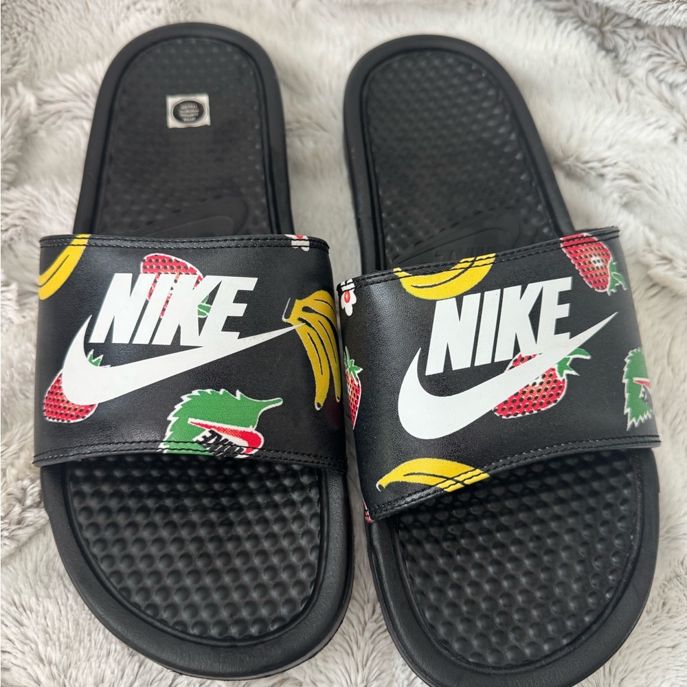 Nike Black Slides with Fruit Graphics